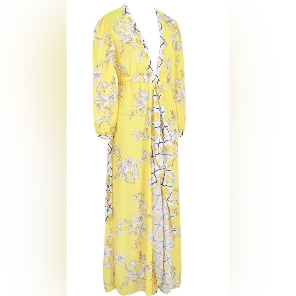 Elegant Bohemian Floral Tropical Print Long Sleeve Maxi Swimsuit Coverup Kimono - Picture 11 of 13